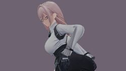 ass_in_dress ass_in_skirt big_ass black_skirt blender blender3d blender_eevee clothed glasses grabbing_own_ass hoyoverse looking_at_viewer looking_back pink_background pink_eyes pink_hair tsukishiro_yanagi zenless_zone_zero