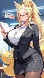 ai_generated blonde_hair boosterred99 fox_ears fox_tail glasses hair_ornament high_school_dxd illustrious_(stable_diffusion) long_hair pantyhose pencil_skirt pony_diffusion_xl school seductive_smile shirt smile teacher teacher_outfit yasaka_(high_school_dxd) yellow_eyes
