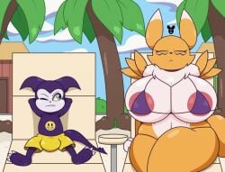 2025 anthro areola areola_slip bandai_namco beach beach_chair belly belly_markings big_breasts big_penis bikini biped black_nose breasts bulge canid canine claws clothing cloud day digimon digimon_(species) duo eyebrows eyelashes female fox fur genitals green_eyes hands_behind_head humanoid imp impmon looking_at_another luanctoons male male/female mammal markings mouth_closed neck_tuft one_eye_closed outside palm_tree penis plant pupils purple_bikini_top purple_body purple_tail red_clothing red_swimming_trunks red_swimwear relaxing renamon sand shadow sharp_teeth sitting sky swimming_trunks swimwear tail teeth toe_claws tree tuft two-piece_swimsuit white_body white_fur white_sclera yellow_body yellow_fur
