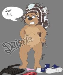 absurd_res anthro ash_(sing) breasts clothing clothing_aside crested_porcupine daison_the_fox embarrassed feet female genitals hi_res illumination_entertainment mammal nipples nude old_world_porcupine porcupine rodent simple_background sing_(movie) slightly_chubby slightly_chubby_female solo spikes vulva watermark
