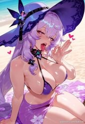 ai_generated balecxi bare_shoulders beach black_swan_(honkai:_star_rail) cleavage fellatio_gesture female hat heart honkai:_star_rail large_breasts long_hair looking_at_viewer patreon_username purple_bikini purple_eyes purple_hair sitting solo swimsuit thighs tongue tongue_out