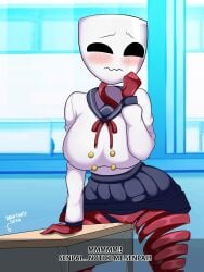 anime_style classroom desk gangle_(the_amazing_digital_circus) mask masked_femalenipples_visible_through_clothingvoluptuous_female no_panties pussyvaginal_masturbation school_uniform table table_humping the_amazing_digital_circus