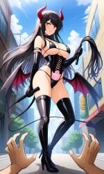 1boy ai_generated bangs bare_shoulders bikini black_bikini black_clothes black_corset black_footwear black_gloves black_hair black_legwear black_panties black_swimsuit black_thighhighs black_underwear black_wings blue_sky blush boots breasts building cleavage clothing cloud corset day demon_girl demon_horns demon_tail demon_wings dominatrix elbow_gloves female female footwear gloves heart_tattoo high_heel_boots high_heels holding holding_whip horns large_breasts latex legwear long_hair looking_at_viewer male mole navel original outdoors parted_lips pointy_ears pov_hands pubic_tattoo red_eyes shoes sky smile solo_focus standing succubus sweat swimsuit tail tattoo thigh_boots thighhighs thighs underwear very_long_hair whip wings