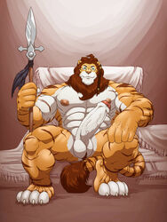 1boy abs anthro balls beard bed biceps big_penis bracelet erection feline foreskin green_eyes grisser hair hybrid jewelry liger lion male male_only manspreading muscles nude pecs penis polearm solo spear spreading stripes thick_penis tiger toe_claws toes tribal uncircumcised uncut veins weapon western_art