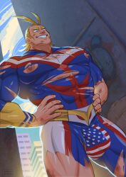 1boy all_might bara barazoku big_bulge blonde_hair blue_eyes bulge bulge_through_clothing cerberus_arts erect_nipples gay grin hands_on_hips image_sequence image_set male male_focus male_only masculine masculine_male mature_male muscles muscular muscular_male my_hero_academia nipples_exposed nipples_visible_through_clothing ripped_bodysuit ripped_clothing scars scratches smile solo solo_male superhero thong thong_underwear toshinori_yagi wounded yaoi