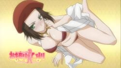 1girls ageha_shama_(omamori_himari) barefoot beret big_breasts bikini breasts brown_hair busty cleavage confident feet female female_only green_eyes hi_res large_breasts legs looking_at_viewer navel no_bra omamori_himari open_shirt pointy_chin red_bikini seductive seductive_look seductive_smile short_hair sitting smile solo succubus teeth thighs voluptuous