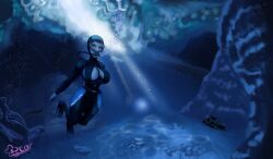 1girls big_breasts breasts diving female illustration original scuba solo starr21 underwater