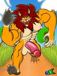absurd_res anthro balls big_balls big_penis day dirty dirty_feet felid feline footprint genitals grizzlykubz gunju_sunfire_(grizzlykubz) hi_res lion male mammal muscular muscular_anthro muscular_male nipples outside pantherine penis running running_towards_viewer savanna solo