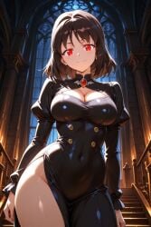 1girl ai-created ai_generated arms_at_sides black_dress black_hair breasts brooch brown_hair buttons candle church cleavage cleavage_cutout closed_mouth clothing_cutout contrapposto covered_navel cowboy_shot dress female gem groin hair_intakes ikusa_otome_valkyrie indoors jewelry juliet_sleeves large_breasts long_dress long_sleeves looking_at_viewer medium_hair pelvic_curtain pixiv princess_laura_(ikusa_otome_valkyrie) puffy_long_sleeves puffy_sleeves red_eyes rena_aikawa_(pixiv_user) seductive_look shiny_skin short_hair side_slit slit_pupils smile solo stable_diffusion stairs standing taut_clothes taut_dress thighs vampire vampire_girl wide_hips window