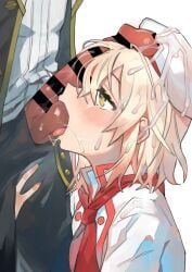 1boy absurdres alice_(egocentric_patissiere)_(tales) alice_(tales) bar_censor blonde_hair blush censored commission cum cum_on_body cum_on_hair cum_on_headwear facial female grabbing_another's_thighs hat highres mogamiya_honu official_alternate_costume oral pants penis penis_on_face regal_bryan short_hair straight tales_of_(series) tales_of_symphonia tales_of_symphonia_knight_of_ratatosk tales_of_the_rays testicle_sucking tongue tongue_out white_background yellow_eyes