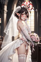 ai_generated anal antlers big_breasts big_penis black_hair breast_focus breasts breasts_between_arms cum_in_mouth cumshot elf_ears eye_contact female femboy gbloodforge male married paizuri paizuri_invitation penis pixie_cut red red_eyes short_hair usebackdooronly