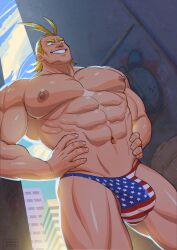 1boy abs all_might balls_peek bara barazoku big_bulge big_pecs big_penis blonde_hair blue_eyes bulge cerberus_arts erect_nipples erect_penis gay grin hands_on_hips huge_pecs image_sequence image_set male male_focus male_only mature_male muscles muscular muscular_male muscular_thighs my_hero_academia smiling solo solo_male superhero thong thong_only tight_balls toshinori_yagi under_wear yaoi