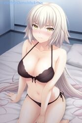 1female 1girls ahoge ai_generated bare_arms bare_shoulders bed bed_sheet black_bra black_panties blush bra breasts cleavage closed_mouth collarbone commentary_request fate/grand_order fate_(series) female female female_focus female_solo hair_between_eyes halterneck indoors jeanne_alter jeanne_d'arc_alter_(avenger)_(fate) jeanne_d'arc_alter_(fate) large_breasts long_hair looking_at_viewer navel nose_blush on_bed panties pillow side-tie_panties sitting solo stable_diffusion sweat underwear underwear_only v-shaped_eyebrows very_long_hair white_hair yellow_eyes zelanell