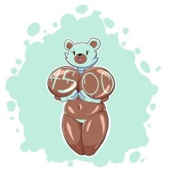 1girls bear big_breasts breasts breasts breasts_bigger_than_head breasts_squeezed_together busty chipperflip costume covering_breasts dark-skinned_female dark_skin dot_eyes eyelashes featureless_breasts female female_only furry fursuit_head gloves handbra head_tuft hips midriff milestone_celebration minty_(monmonmallow) navel oc original_character panties slightly_chubby solo thick_thighs thong three-quarter_portrait