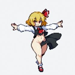1girls blonde_hair bottomless full_body grin groin hair_ribbon long_sleeves looking_at_viewer no_panties outstretched_arm pixel_art red_eyes red_ribbon ribbon rumia shoes short_hair skirt smile solo solo_female sprite sprite_art standing t_pose touhou undressing vest