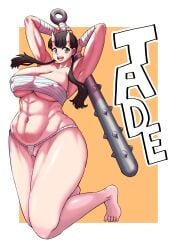 1girls armpits arms_behind_head arms_up barefoot big_breasts black_hair delicious_in_dungeon dungeon_meshi female full_body fundoshi inutade_(delicious_in_dungeon) large_breasts long_hair oni oni_female ranka_(norstrilia) smile solo toned_female