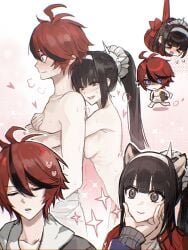 1boy 1girls blush boobs_pressed cat_ears hand_on_chin holding_from_behind kyoshika_magadori nude shower takumi_sumino the_hundred_line_-last_defense_academy- towel_around_waist
