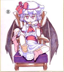 bat_wings blue_hair chair cum cum_on_toes hat hat_ribbon holding kawamura_tenmei marker_(medium) millipen_(medium) red_eyes remilia_scarlet ribbon shikishi sitting socks solo touhou traditional_media wings wrist_cuffs