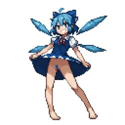 1girls ahoge blue_bow blue_eyes blue_hair blue_pubic_hair bow cirno clothes_lift dress_lift female female_pubic_hair grin hair_between_eyes ice ice_wings looking_at_viewer no_panties pixel_art pubic_hair pussy short_hair smile solo solo_female sprite sprite_art standing touhou