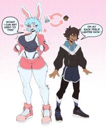 1boy1girl 2025 anthro beatrice_(sozokuu) big_breasts blue_hair blush blushing_at_viewer breasts chest_tuft cleavage clothed clothing cute female fingers fur furry furry_female hair hi_res hot huge_breasts lagomorph leporid long_ears looking_at_viewer male mammal pink_eyes rabbit shirt short_hair small_waist sozokuu thick thick_legs thick_thighs thighs thong thunder_thighs white_body white_fur wide_hips