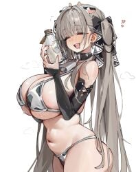 absurdres animal_ears animal_print aroused azur_lane bare_shoulders bikini blush breasts closed_eyes cow_ears cow_print cow_print_bikini drool fake_animal_ears formidable_(azur_lane) fungi542 grey_hair hair_ornament hair_ribbon hairband highres in_heat large_breasts long_hair mouth_drool navel open_mouth print_bikini ribbon simple_background smile stomach swimsuit twintails underboob white_background