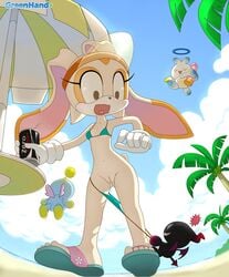 1girls 3boys anthro bat_wings beach beach_umbrella bikini bikini_bottom_pull bikini_pull blue_sky breasts_apart cartoon_gloves chao_(sonic) cleft_of_venus closed_eyes cloud coconut_tree cream_the_rabbit dark_chao day demon_wings dildo drinking_straw enf english_text evil_grin female flip-flops floating forced_exposure full_body green_bikini greenhand halo hero_chao larger_female larger_female_smaller_male low-angle_view no_humans outdoors petite petite_breasts pointed_tail pointy_tail pussy sega sex_toy sharp_teeth skimpy skinny small_breasts smile soda soda_can sonic_(series) standing summer surprised table uncensored visor_cap white_gloves