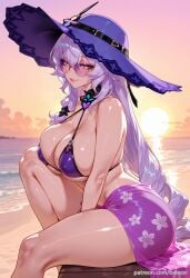 ai_generated balecxi beach black_swan_(honkai:_star_rail) cleavage female hat honkai:_star_rail large_breasts long_hair looking_at_viewer purple_bikini purple_hair sarong sitting smile solo sunglasses sunset swimsuit thighs