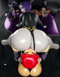 1futa 1girls 3d ai_assisted anus ass ass_focus bent_over black_leotard clothing_aside cunnilingus dc from_behind futa_on_female futanari grey_skin huge_ass leotard leotard_aside light-skinned_futa light_skin looking_at_viewer looking_back purple_eyes purple_hair pussy raven_(dc) red_hair starfire tagme teen_titans zzzxxxccc