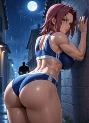abs against_wall ai_generated arms_up big_ass code_geass fit green_eyes kallen_stadtfeld large_breasts leaning_forward looking_at_viewer night raining red_hair short_hair sportswear street tagme wet