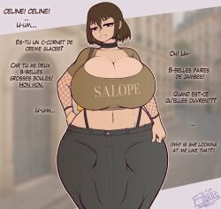 1futa belly_button bob_cut bracelet brown_hair bulge bulge_through_clothing celine_(fibilis) choker cleavage cleavage_cutout crop_top curvy_figure dialogue earrings fibilis fishnet_armwear freckles french french_text fully_clothed futanari gigantic_breasts hand_on_hip highres huge_balls huge_breasts huge_cock hyper_bulge jeans looking_at_viewer purse short_hair sneer solo standing thick_thighs thong_straps trans_woman trans_woman_(lore) wide_hips