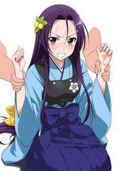 akechi_mitsuhide_(oda_nobuna_no_yabou) angry arm_grab armor arms_up blush bougu clenched_teeth clothed cum cum_on_forehead facial hair_ornament hakama japanese_clothes kendo_armor kendo_gi kimono kneeling long_hair oda_nobuna_no_yabou purple_eyes purple_hair solo tear wide_sleeves youkan