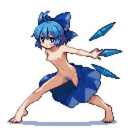 1girls ahoge barefoot blue_bow blue_eyes blue_hair blue_pubic_hair bow breasts cirno female female_pubic_hair full_body grin hair_between_eyes ice ice_wings looking_at_viewer nipples nude nude_female pixel_art pubic_hair short_hair small_breasts smile solo solo_female sprite sprite_art touhou undressing