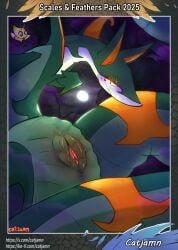 absurd_res animal_genitalia catjam_(artist) celebi cloaca duo female feral generation_2_pokemon generation_5_pokemon genitals green_body hi_res legendary_pokemon light looking_at_viewer moon moonlight musk musk_clouds nintendo plant pokemon pokemon_(species) pussy red_eyes scalie serperior solo_focus text tree url vulva white_body yellow_body