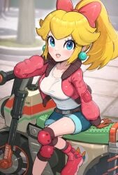 1girls absurdres blonde_hair blue_eyes blue_hair blue_shorts blush boots bow breasts denim denim_shorts earrings female gloves gonzarez hairbow highres jacket jewelry knee_pads large_breasts long_hair looking_at_viewer mario_(series) mario_kart mario_kart_world motor_vehicle motorcycle nintendo on_motorcycle open_clothes open_jacket partially_open_jacket pink_boots pink_bow pink_jacket ponytail princess_peach princess_peach_(touring) shirt short_shorts shorts smile solo sphere_earrings