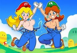 ai_generated blonde_hair blue_eyes breasts breasts_out earrings gloves jumping luigi_(cosplay) mario_(cosplay) mario_(series) nipples orange_hair outfit_swap overalls princess_daisy princess_peach ripped_clothing