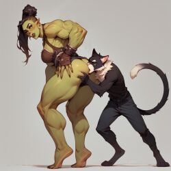 1boy 1girls ai_generated anthro arched_back ass ass_focus big_ass big_breasts big_butt bigger_female black_fur black_hair breasts brown_eyes butt catboy feline female furry furry_male green-skinned_female green_skin larger_female male male_anthro muscular muscular_female nowrin nude_ass orc orc_(warcraft) orc_female photoshop ponytail rimming rimming_female size_difference smaller_male stable_diffusion thick_thighs thighs tuxedo_cat warcraft warrior world_of_warcraft