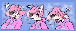 anthro aroused bella_(snugglefox22) blue_eyes bodily_fluids bust_portrait canid canine clothing drooling female flared_nostrils fox fur heart_symbol hi_res hoodie kate360 looking_pleasured mammal musk_sniffing nose_fetish orgasm_from_sniffing pink_body pink_fur pleased_expression pleasured_female portrait saliva smell sniffing solo text topwear white_body white_fur