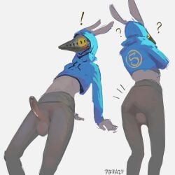 1:1 7b7a2f ambiguous_species anthro ass balls biped blush blush_lines bodily_fluids clothed clothing digital_media_(artwork) digital_painting_(artwork) erection exclamation_point genital_fluids genitals hi_res hoodie humanoid_genitalia humanoid_penis legwear long_ears male mask multiple_scenes painting_(artwork) pantyhose penis precum precum_through_clothing question_mark signature simple_background solo standing topwear wearing_mask wet wet_clothing white_background