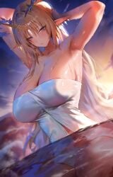 armpits arms_behind_head background big_breasts blonde_hair blue_eyes elf_ears fleurdelys_(wuthering_waves) halo horn hot_spring light-skinned_female long_hair rororo sitting sky sweatdrop tall_female thick_thighs towel towel_over_breasts wuthering_waves