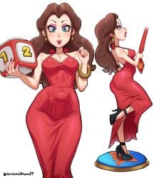 1girls absurdres bare_arms black_shoes blue_eyes breasts brown_hair cleavage donkey_kong donkey_kong_(series) dress earrings eyeshadow female floating_earrings gold_earrings halter_dress halterneck high_heels highres jewelry leg_up long_hair makeup mario_(series) mario_party necktie nintendo out_of_frame pauline_(mario) purple_eyeshadow red_dress red_lips red_nails red_necktie shoes smile taut_clothes taut_dress undeadaheadt