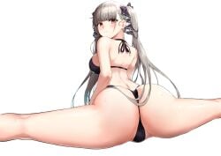 absurdres ass azur_lane back bare_shoulders beach bikini black_bikini blush breasts dress female formidable_(azur_lane) frilled_dress frills from_behind greem_bang grey_hair hair_ribbon highres large_breasts long_hair looking_at_viewer looking_back photoshop_(medium) red_eyes ribbon simple_background solo split spread_legs swimsuit thighs twintails very_long_hair white_background