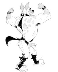 4:5 anthro armpit_hair balls banzai_(the_lion_king) belt biceps black_nose bodily_fluids body_hair boots clothing collar disney dripping erection flexing footwear fur furry genital_fluids genitals hi_res humanoid_genitalia hyena male mammal markings monochrome muscular muscular_anthro muscular_male penis precum precum_drip shoes solo spiked_belt spiked_collar spikes spots spotted_body spotted_fur spotted_hyena tail the_lion_king vein veiny_penis wardrobe_malfunction wristband zepthehyerian
