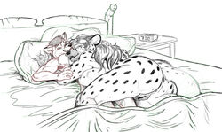 alarm_clock anthro ass bed big_breasts big_butt breasts canine clock closed_eyes couple female female_on_top fur furry hair hyena jenna_kutu kencougr long_hair male monochrome nude pillow pussy romantic saliva sideboob size_difference sleeping spots spotted_hyena thighs tongue wolf