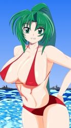 1girls arm_behind_back big_breasts bikini breasts busty cleavage female female_only green_eyes green_hair grin highres higurashi_no_naku_koro_ni large_breasts legs long_hair navel ponytail pool pose posing red_bikini sideboob smile solo sonozaki_mion swimsuit teeth thighs toned voluptuous water