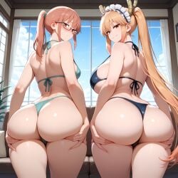 2girls ai_generated ass ass ass_focus ass_grab big_breasts bikini bikini_bottom bikini_top blonde_hair blush female female_focus female_only glasses indoors kobayashi kobayashi-san_chi_no_maidragon looking_at_viewer looking_back red_hair small_breasts tohru_(dragon_maid)
