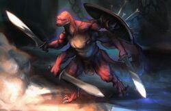 anthro armor arrows balls battle belly crius diphallia diphallism fight foreskin genitals hi_res humanoid_genitalia humanoid_penis male melee_weapon multi_arm multi_genitalia multi_limb multi_penis muscular myneonone penis reptile scalie shield snake solo sword uncircumcised unretracted_foreskin weapon