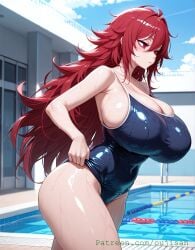 1girls adjusting_clothes adjusting_swimsuit ai_generated alternate_costume bored bored_expression breasts female goddess_of_victory:_nikke huge_breasts light-skinned_female long_hair looking_at_viewer nihilister_(nikke) oujisan red_eyes red_hair school_swimsuit solo_focus straight sweat swimsuit swimwear teacher teacher_and_student teeth uncensored