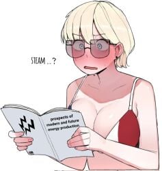 1girls 2d big_breasts bikini blonde_hair blush book breasts breasts_bigger_than_head busty embarrassed english_text female female_only flag_bikini flag_print france france_(ohasi) french french_flag_bikini funny glasses hi_res humor nervous ohasi reading reading_book short_hair simple_background sunglasses surprised sweat sweatdrop swimsuit text tinted_eyewear voluptuous white_background