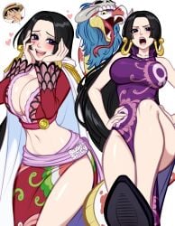 1girls black_hair blue_eyes blush blushyspicy boa_hancock breasts cleavage commentary crop_top dress earrings english_commentary epaulettes female hands_on_own_cheeks hands_on_own_face heart highres image_in_speech_bubble jewelry large_breasts long_hair looking_at_viewer multiple_views navel one_piece open_mouth purple_dress snake_earrings speech_bubble very_long_hair