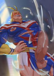 1boy all_might bara barazoku big_penis blonde_hair blue_eyes blush closed_eyes cock_focus cock_worship cum_mess cum_shot cumming cumshot erect_nipples erect_penis exposed_penis gay grin hands_on_hips huge_cock image_sequence image_set male male_focus male_only masculine masculine_male massive_penis mature_male motion_blur muscles muscular muscular_male my_hero_academia nipples_exposed nipples_visible_through_clothing penis_focus penis_worship pleasure_face ripped_bodysuit ripped_clothing scars scratches smile solo solo_male superhero toshinori_yagi veiny_penis wounded yaoi